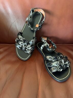 Coach Black and White Embellished Leather Sandals